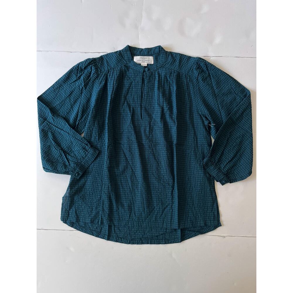Birds Of Paradis Blouse Womens XS Green Check High Neck Long Sleeve Tunic Top